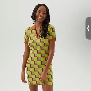Another Girl Retro Check Knit Polo Dress in Green. Size S NWT